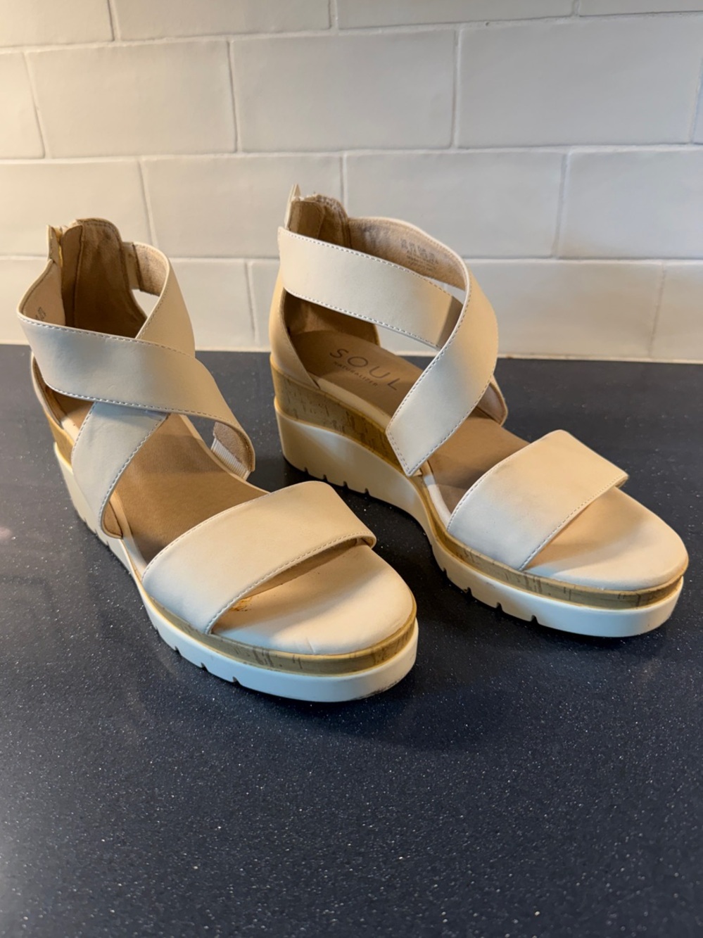 Naturalizer SOUL Porcelain Cream Wedge Sandals with Crisscross Straps